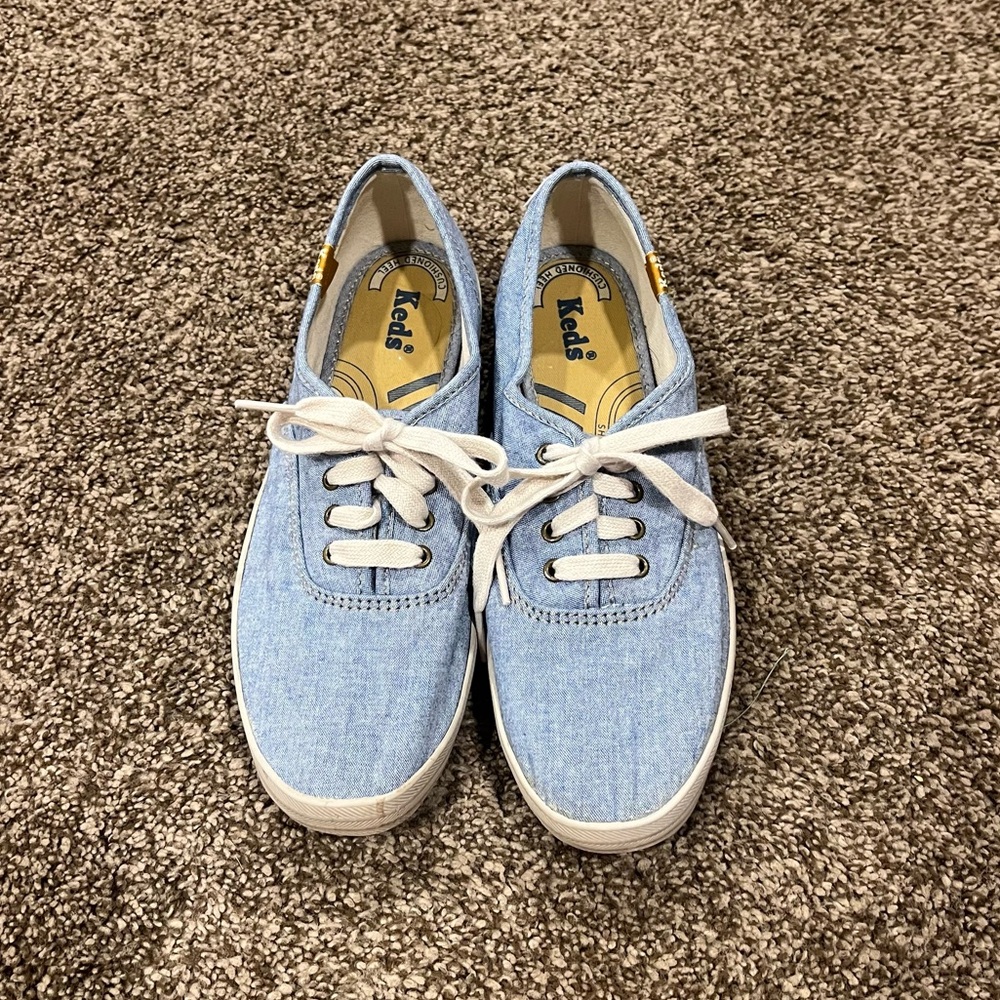 KEDS Champion Sneakers Women’s 7 Blue Chambray Lace up Canvas Casual Low Top EUC